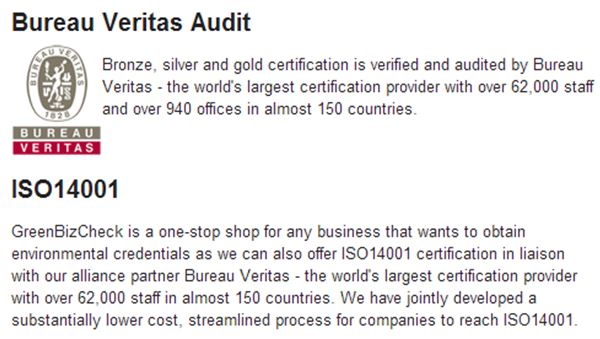 Screencap of GreenBizCheck web page blurb on it's relationship with Bureau Veritas