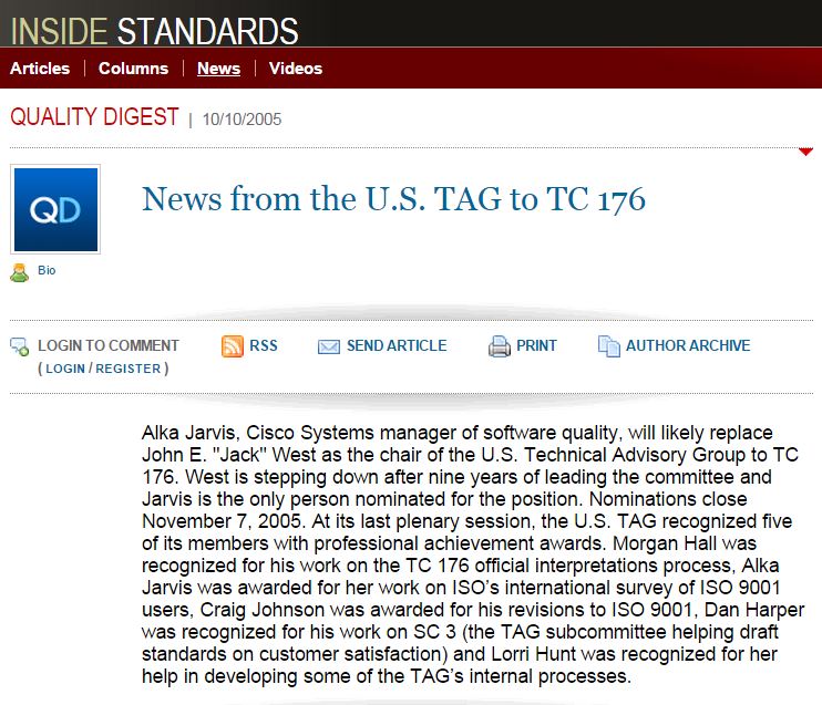 Quality Digest’s Reporting of Alka Jarvis’ “Election” in 2005