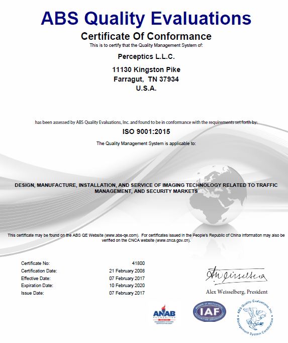 ISO 9001 certificate for Perceptics LLC