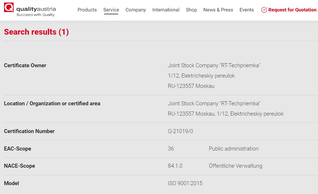 RTTech ISO certificate