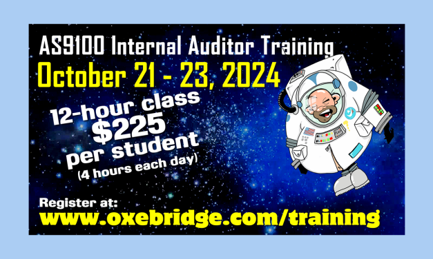 Next AS9100 Auditor Training: October 21 – 23
